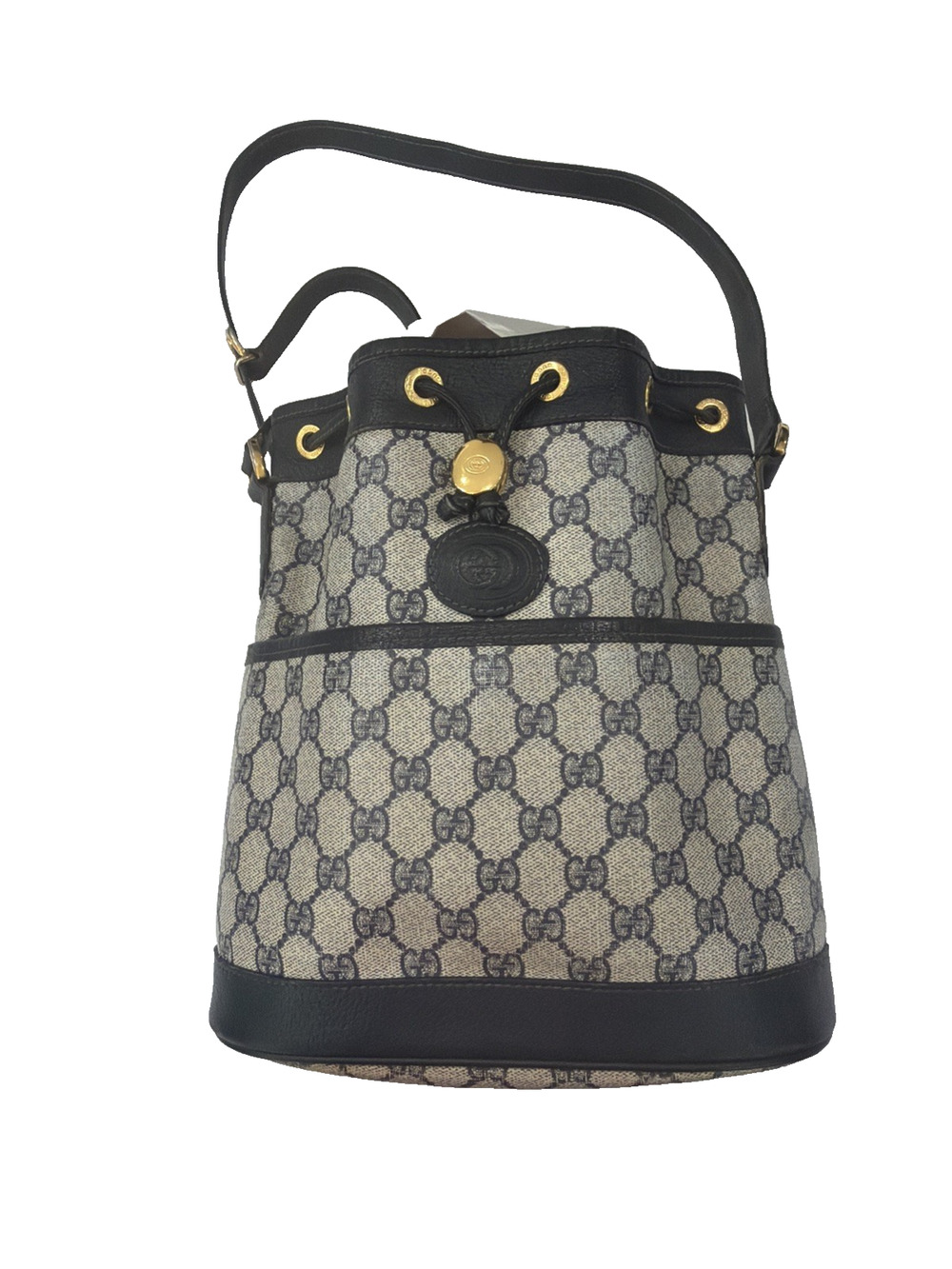 Vintage GUCCI Navy Blue GG Monogram Supreme Drawstring Bucket Bag Shoulder Purse